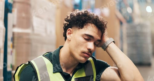 Preview: Sleeping, logistics and tired with man in warehouse for backlog delivery