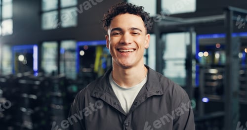 Preview: Happy man, portrait or fitness with instructor in gym for membership or facility service