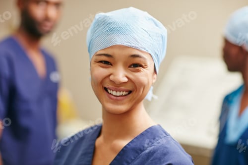 Preview: Portrait, happy surgeon and woman in hospital for healthcare, wellness and about us