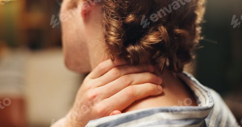 Preview: Employee, hand and sore with neck pain, office and man with muscle strain