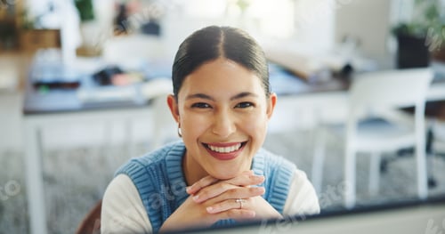 Preview: Creative, portrait and woman with computer, office and research for article on website
