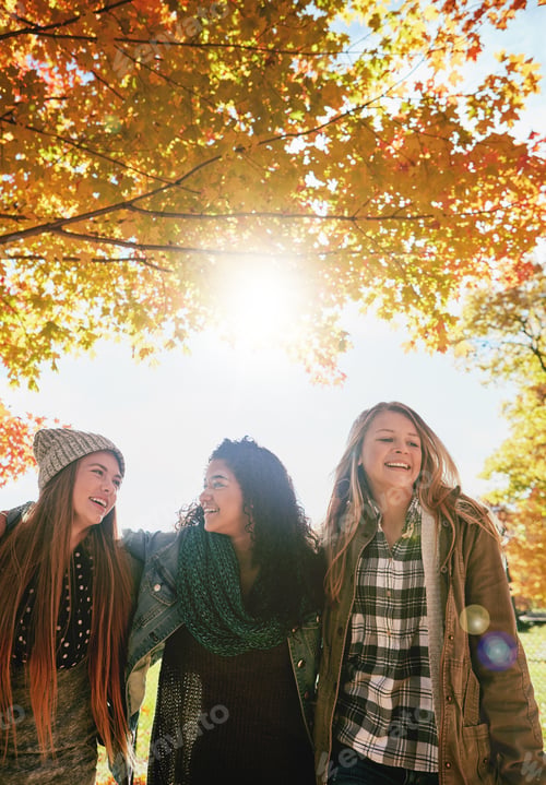 Preview: Outdoor, teens and girls with smile, hug and laughing at funny story, bonding and together on break