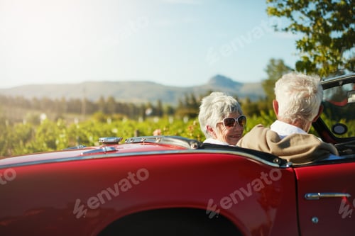 Preview: Happy, old couple and travel in car, outdoor and together on summer holiday, retirement and journey