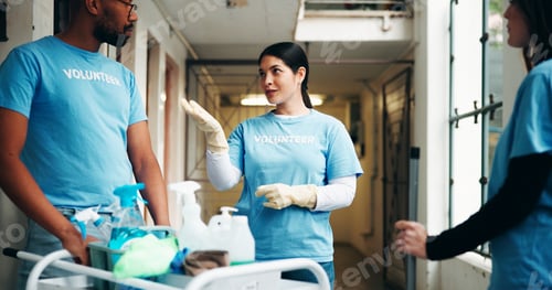 Preview: Woman, volunteer and team for cleaning, corridor maintenance and facility hygiene