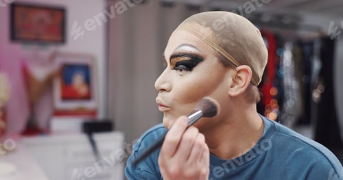 Preview: Drag performer, brush and makeup for beauty, contour or makeover in dressing room
