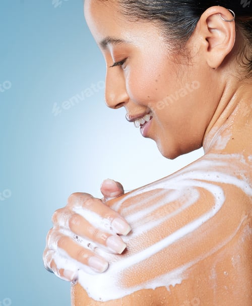 Preview: Hygiene, woman and happy washing with soap for grooming shoulder, skincare or wellness