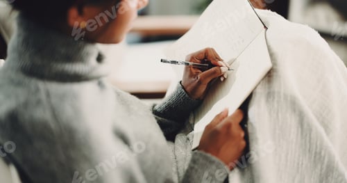 Preview: Hands, notebook and writing with woman on sofa for inspiration, journal prompt and reminder