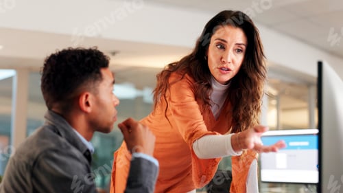 Preview: Manager, employee and discussion in office with computer for journalism idea