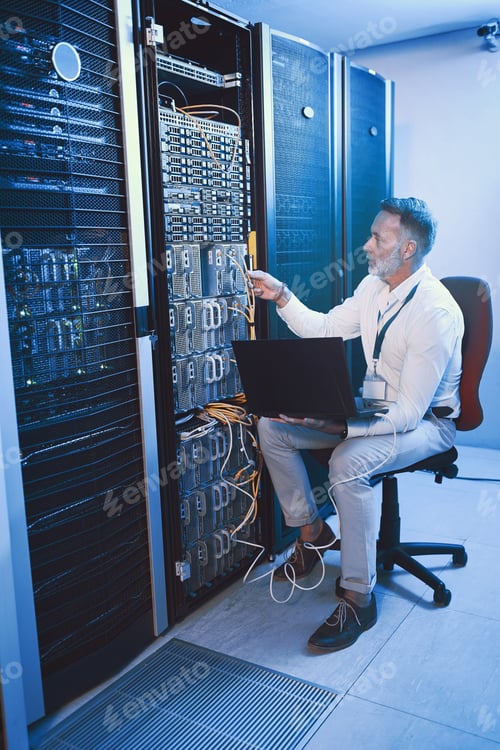Preview: Data center, laptop and man with cable for cyber security, system maintenance or inspection