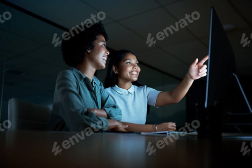 Preview: Business, night and women on computer for finance review, investment research and discussion