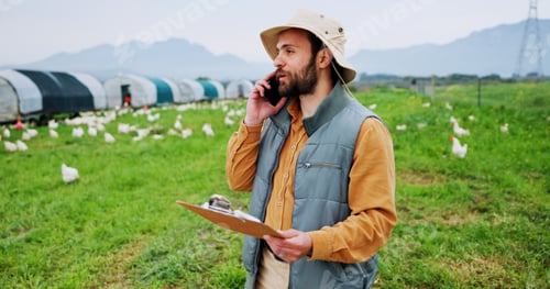 Preview: Phone call, poultry and farm with man, clipboard and inspection for agriculture and quality control