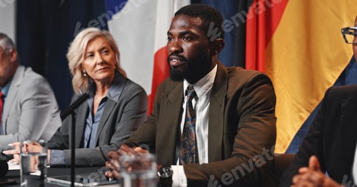 Preview: Politics, event and man with speech at press conference for campaign update, delegation or feedback