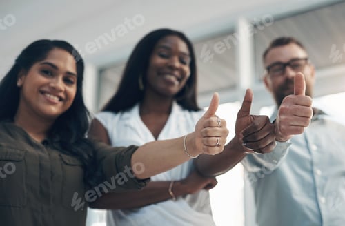 Preview: Business people, thumbs up and hands of team in celebration for success, winner or congratulations