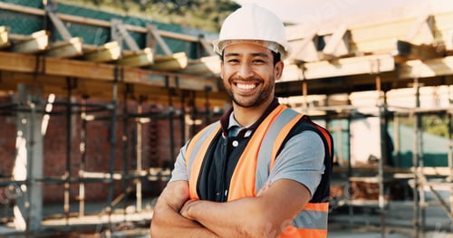 Preview: Smile, crossed arms and portrait of man with construction career, confidence and building project