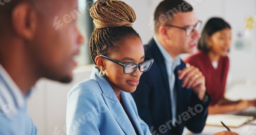 Preview: Meeting, business or woman with smile in office, corporate training or learning in insurance agency