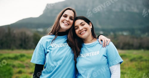 Preview: Portrait, volunteers and women outdoor with hug for environmental outreach, charity and NGO support