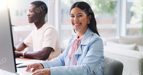 Preview: Portrait, business woman and smile in office for accounting, consultant and coworking with computer