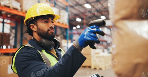 Preview: Man, tech and scanner with inventory in warehouse for price check, storage or distribution