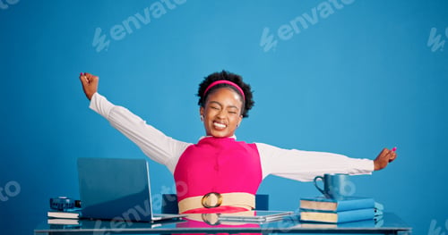 Preview: Business, laptop and stretching with black woman in studio for muscle fatigue or tension relief
