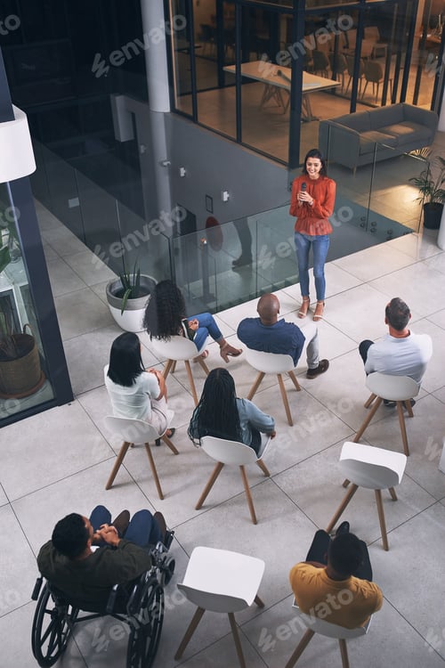 Preview: Audience, speaker or woman with mic for inclusion workshop, hr advice or corporate training
