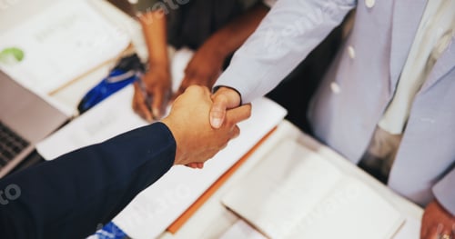 Preview: Above, handshake and people with agreement, meeting and documents with distribution deal