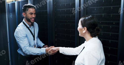 Preview: Business people, handshake or meeting with agreement in server room for thank you or partnership
