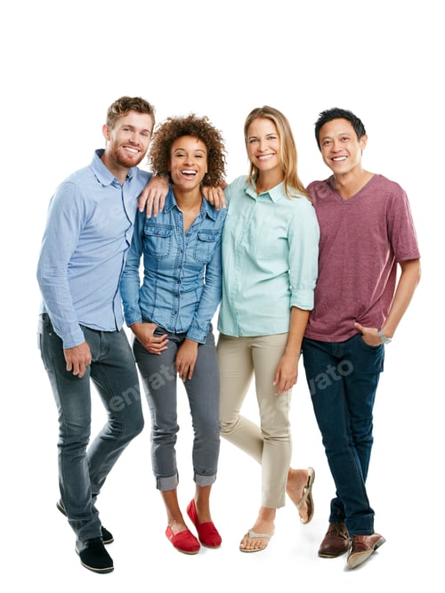Preview: Creative, team and happy people in portrait in studio for collaboration, unity and solidarity