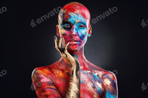 Preview: Paint, art and makeup with portrait of woman in studio for self expression