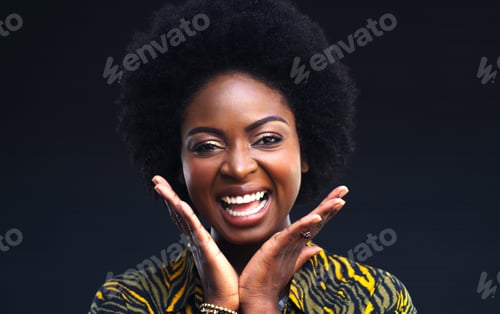 Preview: Portrait, makeup and black woman in studio, smile and dermatology on dark background