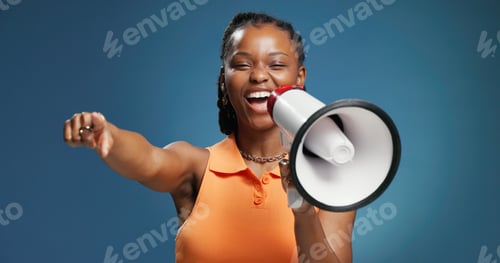 Preview: Megaphone, pointing and portrait of black woman in studio for sale promotion