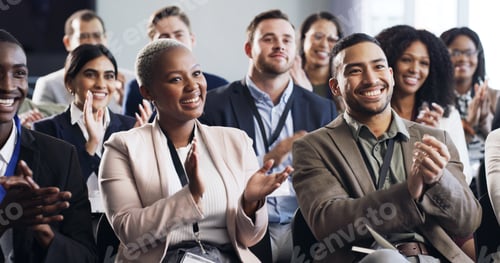Preview: Seminar, crowd and business people clapping for success, celebration or revenue growth in office