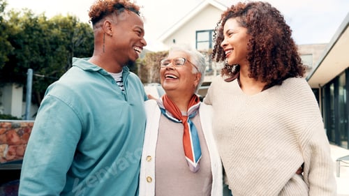 Preview: Happy, laugh and people with senior woman for hug, bonding or family time together outdoor