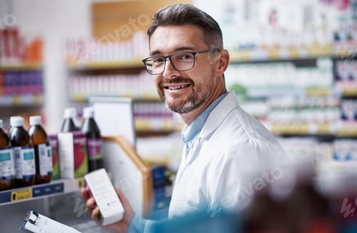 Preview: Mature man, portrait or pharmacist with inventory for checking stock or storage in pharmacy