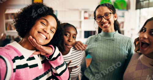 Preview: Selfie, students and friends or girls in classroom for social media post, study group and picture