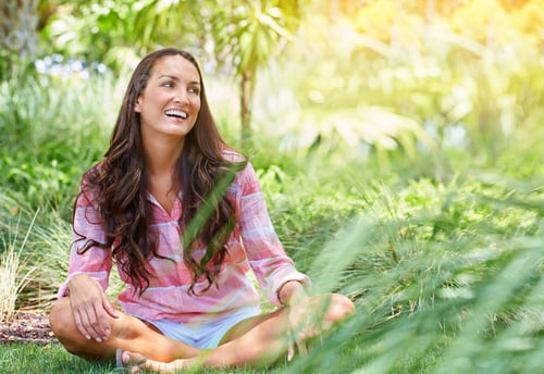 Preview: Thinking, nature and woman in garden, smile and relax with weekend break, laughing and environment