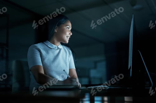 Preview: Night, business and woman with computer, notebook and reading report with review for news