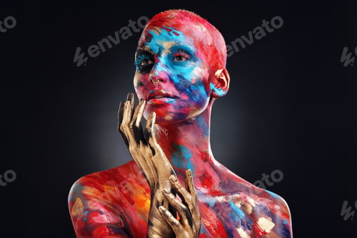 Preview: Paint, art and vision with woman in studio for self expression, glow and creative cosmetics