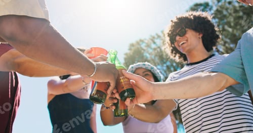 Preview: Hands, friends and drinks cheers outdoor for reunion celebration, social gathering or bonding