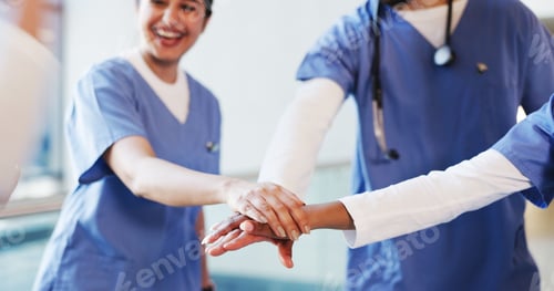 Preview: Hands, stack and medical team in hospital for celebration, motivation and wellness success