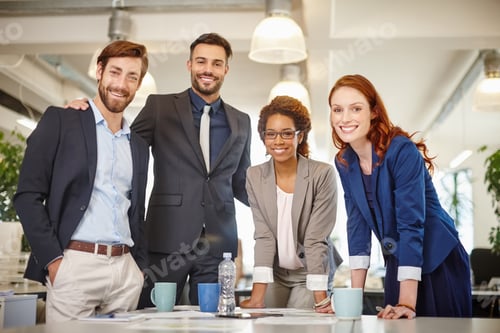 Preview: Portrait, meeting and team with business people in office for planning, trader report