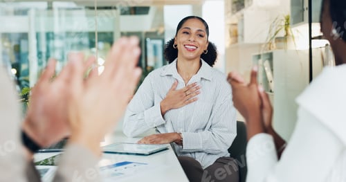 Preview: Business, applause and woman with success, celebration and financial agency with goals