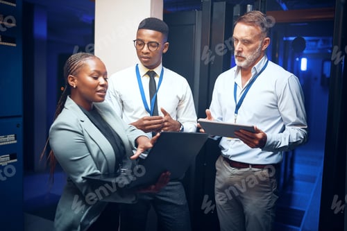 Preview: Women, tablet and team with maintenance in server room with cybersecurity