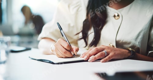 Preview: Woman, hands and writing with book for business planning, schedule or reminder on office desk