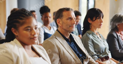 Preview: Business people, audience and listening in seminar, workshop or presentation for career development