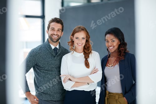 Preview: Business, team and smile with portrait in office for policy management, confidence or about us
