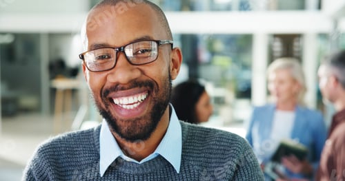 Preview: Business, portrait and smile of man with colleagues in office for about us, ambition or development