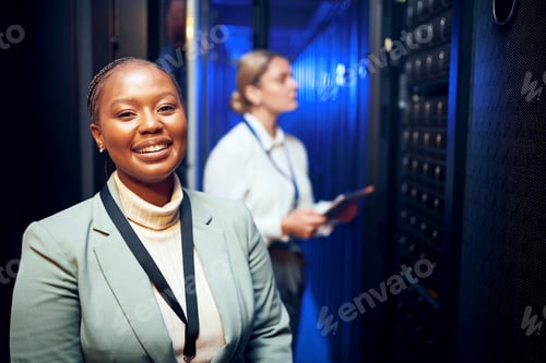 Preview: Portrait, woman and programmer with smile in server room for about us, inspection and cybersecurity