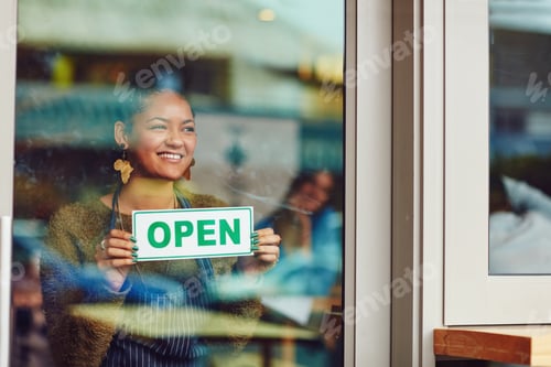 Preview: Open sign, glass door and smile with woman in cafe for hospitality, small business and storefront