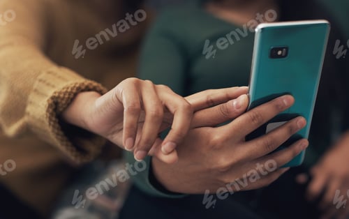 Preview: Phone, hands and couple in home with texting, social media or chatting on mobile app together