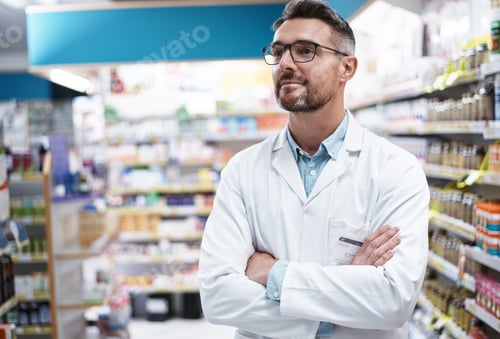 Preview: Pharmacist, man and thinking in drugstore with arms crossed, plan and vision for medical service